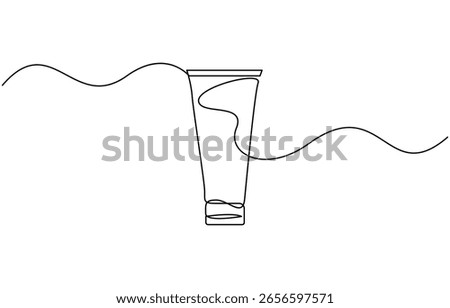 Continuous one line drawing of cosmetic cream tube. Skin care cream in single line draw, Cosmetics skin care product, balm, lotion, abstract doodle illustration.