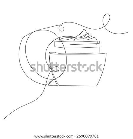 Continuous one line drawing of cosmetic cream. One line drawing illustration of face cream lotion. International beauty day Skincare concept line art. Editable outline