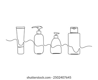 Continuous one line drawing of cosmetics bottle packaging set. Cosmetic bottles single line vector illustration. Editable line vector.