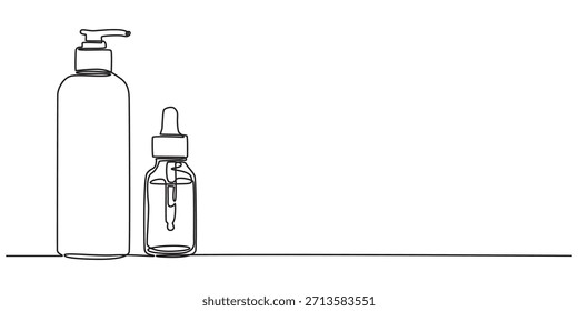 Desenho contínuo de uma linha de conjunto de embalagens de frascos de cosméticos. Ilustração de vetor único de garrafas cosméticas. Vetor de linha editável, garrafa cosmética uma linha contínua. Frasco cosmético 