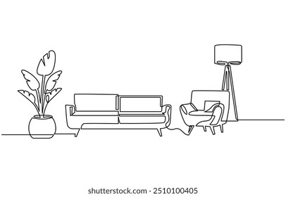 Continuous one line drawing of couch or sofa with lamp and potted plant. Modern furniture simple linear style vector
