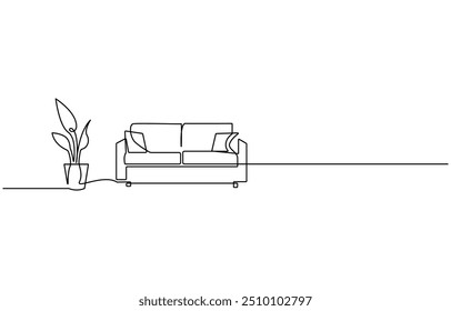 Desenho contínuo de uma linha de sofá ou sofá com lâmpada e planta em vaso