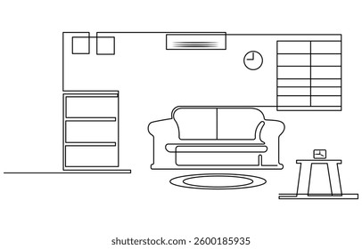 Continuous one line drawing of couch or sofa with lamp and potted plant. Modern furniture simple linear style
