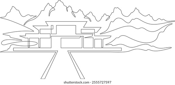 Continuous one line drawing country modern house in the mountains. Residential house in nature. Residential landscape.One continuous line isolated minimal illustration.Not AI.