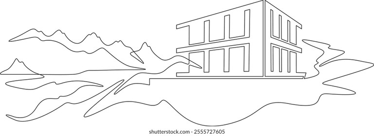 Continuous one line drawing country modern house in the mountains. Residential house in nature. Residential landscape.One continuous line isolated minimal illustration.Not AI.