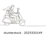 Continuous one line drawing couple riding motorcycle. Man driving scooter and woman are passenger while hugging. Driving around city. Drive safely. Single line draw design vector graphic illustration