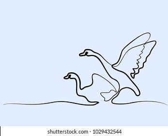 Continuous one line drawing. Couple swans logo. Black and white vector illustration. Concept for logo, card, banner, poster, flyer