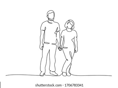 Continuous one line drawing. Couple man and woman holding hands. Vector illustration.