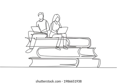 Continuous one line drawing couple with laptop sitting on pile of books together. Freelance, distance learning, online courses, studying concept. Single line draw design vector graphic illustration