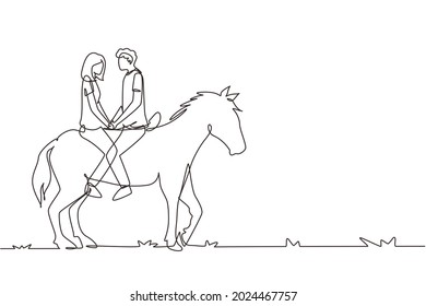 Continuous one line drawing couple riding horses face to face at sunset. Happy man making proposal marriage to woman. Engagement and love relation. Single line draw design vector graphic illustration