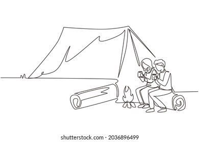 Continuous one line drawing couple sit on logs near bonfire, active recreation, romantic date camping. Man woman drink hot tea getting warm near campfire. Single line draw design vector illustration