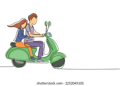 Continuous one line drawing couple riding motorcycle  Man driving scooter   woman are passenger while hugging  Driving around city  Drive safely  Single line draw design vector graphic illustration