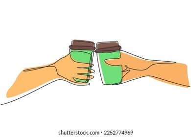 Continuous one line drawing couple is toasting with paper cup and drink coffee. Habit of drinking coffee in morning at home before doing activities. Single line draw design vector graphic illustration