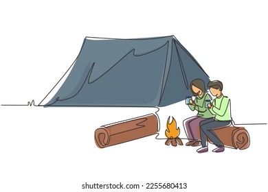 Continuous one line drawing couple sit on logs near bonfire, active recreation, romantic date camping. Man woman drink hot tea getting warm near campfire. Single line draw design vector illustration