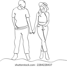 Continuo dibujo de una línea de pareja tomándose de la mano en una situación romántica. Concepto de amor compartido, amistad y humanidad. Diseño de simplicidad de ilustración de vector minimalista.