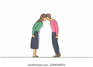 Continuous one line drawing couple man and woman arguing scream at each other engaged in family fight. Stubborn angry husband and wife yell shout, argue quarrel at home. Single line draw design vector