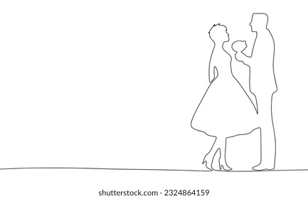 Continuous one line drawing couple in love. Vector illustration Valentine Day banner concept line art, outline silhouette.