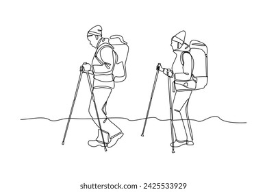 Continuous one line drawing couple man woman hikers with backpacks, binocular, and hiking gear reading route map. Looking for direction, trekking location. Single line draw design vector illustration