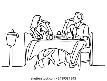 Continuous one line drawing of couple dinner with table food and wine