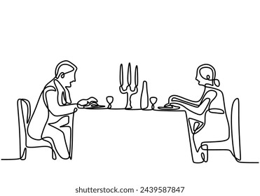 Continuous one line drawing of couple dinner with table food and wine