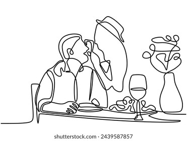 Continuous one line drawing of couple dinner with table food and wine