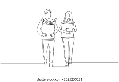 Dibujo continuo de una línea de pareja caminando con bolsas de comestibles, compras en el concepto de supermercado o tienda de comestibles, arte de una sola línea.