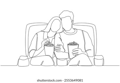 Continuous one line drawing of couple watching movie and eating popcorn at cinema, couple spending time together concept, single line art