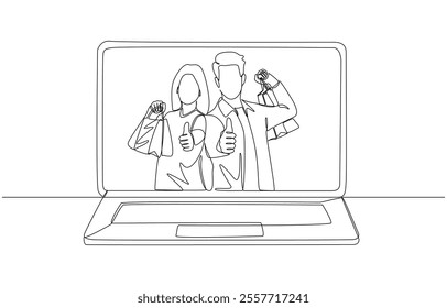 Continuous one line drawing of couple appearing on laptop screen holding paper bags and making thumbs up, online shopping with good response concept, single line art