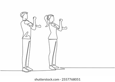 Continuous one line drawing the couple doing warm-up movements. Movements needed to avoid accidents during sports. Healthy together. National Exercise Day. Single line draw design vector illustration