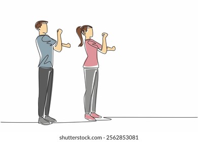 Continuous one line drawing the couple doing warm-up movements. Movements needed to avoid accidents during sports. Healthy together. National Exercise Day. Single line draw design vector illustration