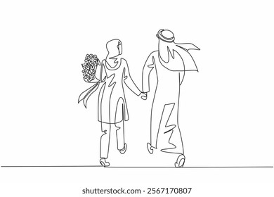 Continuous one line drawing a couple walking hand in hand and the wife carrying a bouquet of flowers. Symbolism of aging together. Couple Appreciation Day. Single line draw design vector illustration