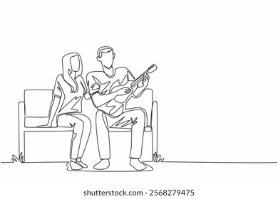 Continuous one line drawing couple sits on a park bench, the husband playing the ukulele. Spending the weekend in the park. National Play Your Ukulele Day. Single line draw design vector illustration