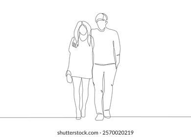 Continuous One Line Drawing of Couple Walking Together. Woman and Man Walking Outline Illustration. Love Concept Trendy Black Sketch Isolated on White Background. Happy Couple in Linear style. Not AI