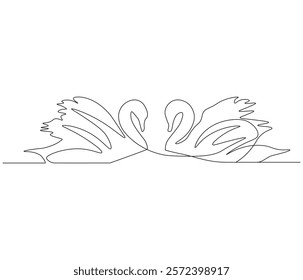 Continuous one line drawing of couple swan. Couple swan symbol of love and loyalty. Single line drawing illustration of couple swan. Concept vector art. Doodle line illustration.
