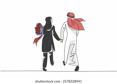 Continuous one line drawing a couple walking hand in hand and the wife carrying a bouquet of flowers. Symbolism of aging together. Couple Appreciation Day. Single line draw design vector illustration