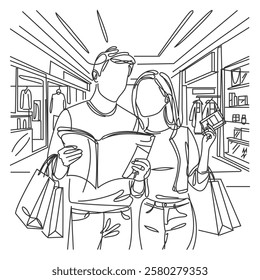 Continuous one line drawing of couple walking shopping at supermarket or grocery store concept, single line art.Happy people go with bags in their hands. Shopping in store. 