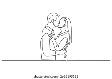 Continuous one line drawing of Couple almost kiss. Single line drawing illustration of A woman and a man hug. Wedding or valentine's concept vector art. Doodle line illustration.