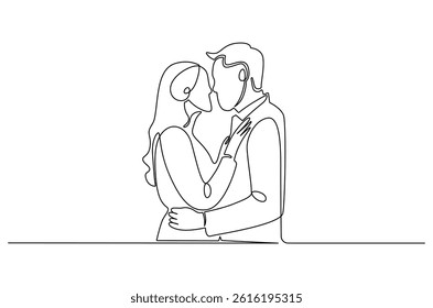 Continuous one line drawing of Couple almost kiss. Single line drawing illustration of A woman and a man hug. Wedding or valentine's concept vector art. Doodle line illustration.
