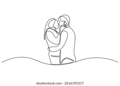 Continuous one line drawing of Couple almost kiss. Single line drawing illustration of A woman and a man hug. Wedding or valentine's concept vector art. Doodle line illustration.