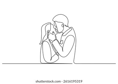 Continuous one line drawing of Couple almost kiss. Single line drawing illustration of A woman and a man hug. Wedding or valentine's concept vector art. Doodle line illustration.