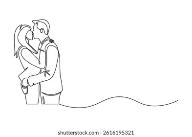 Continuous one line drawing of Couple almost kiss. Single line drawing illustration of A woman and a man hug. Wedding or valentine's concept vector art. Doodle line illustration.