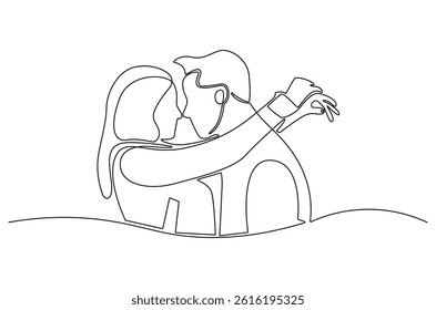 Continuous one line drawing of Couple almost kiss. Single line drawing illustration of A woman and a man hug. Wedding or valentine's concept vector art. Doodle line illustration.