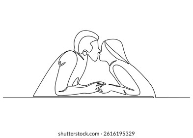 Continuous one line drawing of Couple almost kiss. Single line drawing illustration of A woman and a man hug. Wedding or valentine's concept vector art. Doodle line illustration.