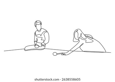 Continuous one line drawing of couple playing billiard at weekend. Entertainment activity minimalist concept. Entertainment area.