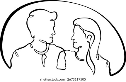 Continua una línea dibujando pareja en el amor. Mujer y hombre. Línea art.One línea continua aislada illustration.Not AI.
