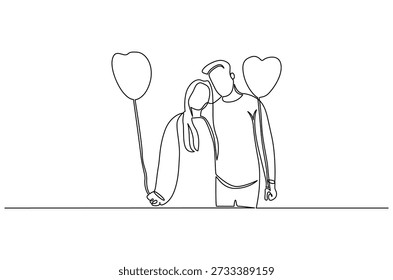 Continuous one line drawing of Couple holding heart shaped balloons. Single line drawing illustration of Loving couple holding heart. Valentine's Day concept vector art. Doodle line illustration.