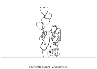Continuous one line drawing of Couple holding heart shaped balloons. Single line drawing illustration of Loving couple holding heart. Valentine's Day concept vector art. Doodle line illustration.