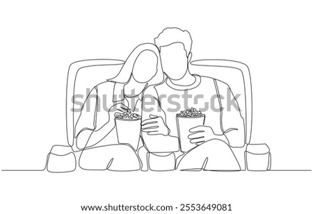 Continuous one line drawing of couple watching movie and eating popcorn at cinema, couple spending time together concept, single line art