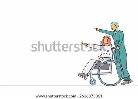 Continuous one line drawing couple of happy Arabic people while pointing in one direction. Caregiver woman pushing man on wheelchair, enjoy health care activity. Single line draw design vector graphic