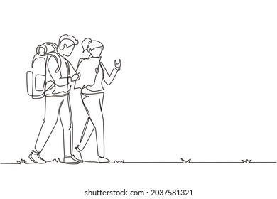 Continuous one line drawing couples hiking man woman with backpack and map is traveling in outdoor. Trekking, exploration, hiking tours. Tourism, adventures in nature. Single line draw design vector